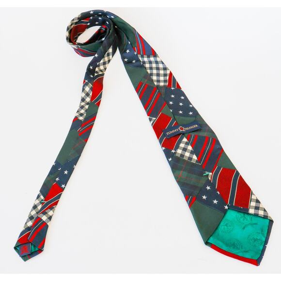 VTG 90s Tommy Hilfiger Patchwork Silk Tie Preppy Corporate Americana Plaid Star - Picture 11 of 16